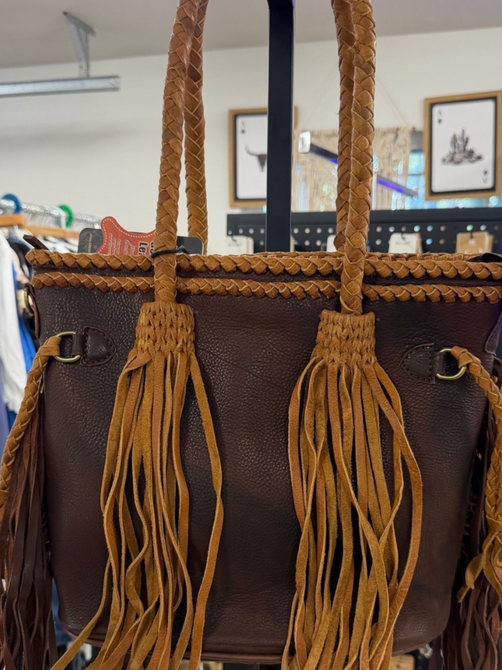 American Darling Braided Fringe Tote in Dark Brown and Tan NWOT